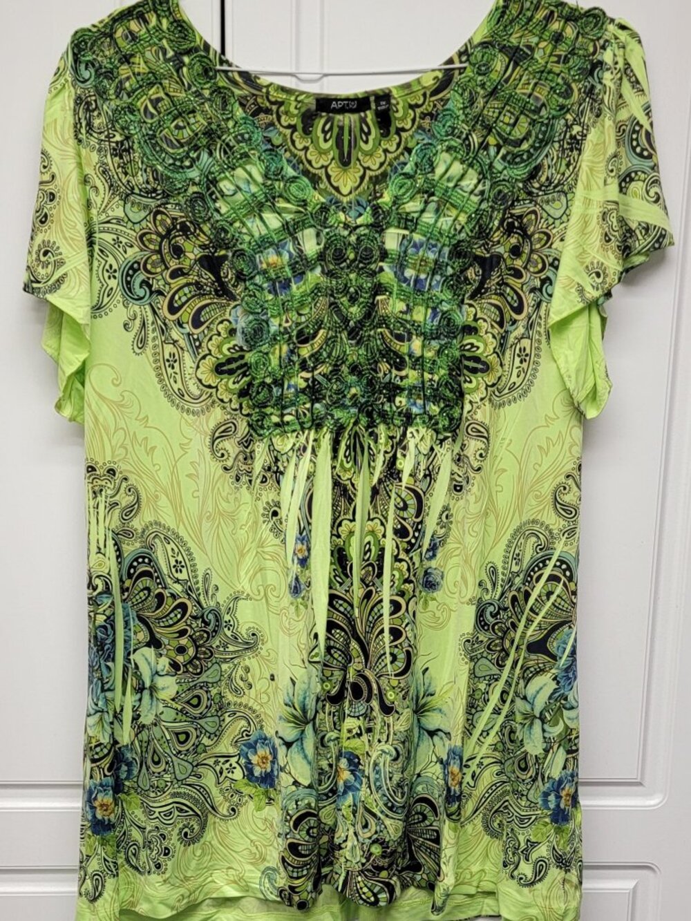 Apt. 9 Women's S Tunic Blouse V-Neck Short Sleeve Green Paisley Beaded 1X